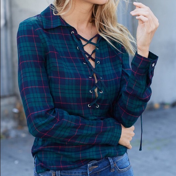 SOLD OUT CLEARANCE Olive Green Lace Up Plaid Long Sleeve Top - Picture 2 of 4